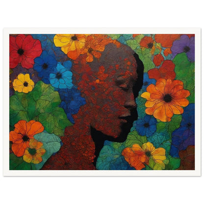 "A colorful and intricate painting of a silhouetted face surrounded by vivid red, blue, yellow, and orange flowers, blending nature with human form."