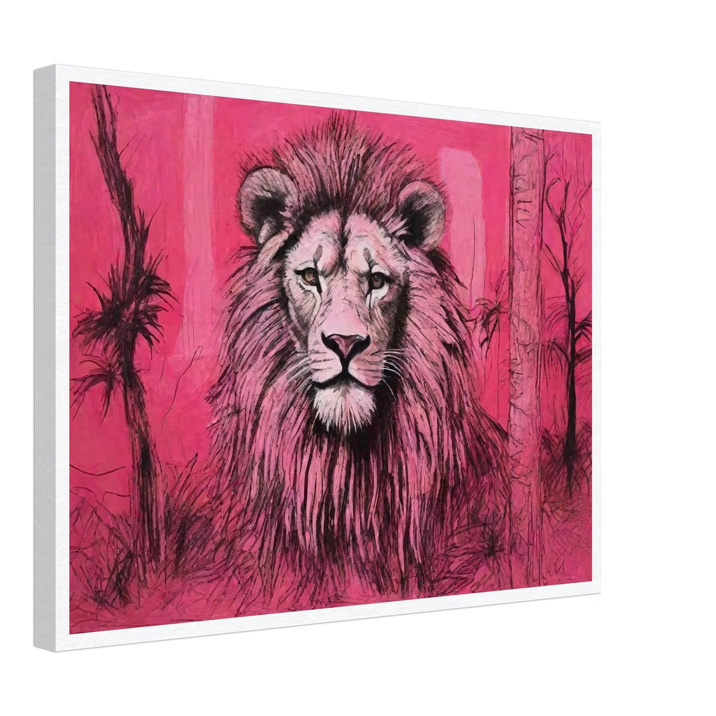 A striking painting of a lion with a majestic mane set against a vivid pink background, capturing the animal's regal presence.