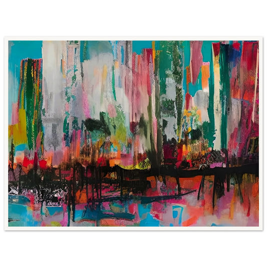 A vibrant cityscape with bold, abstract strokes of color, including teal, pink, red, and orange, creating a dynamic and energetic atmosphere.