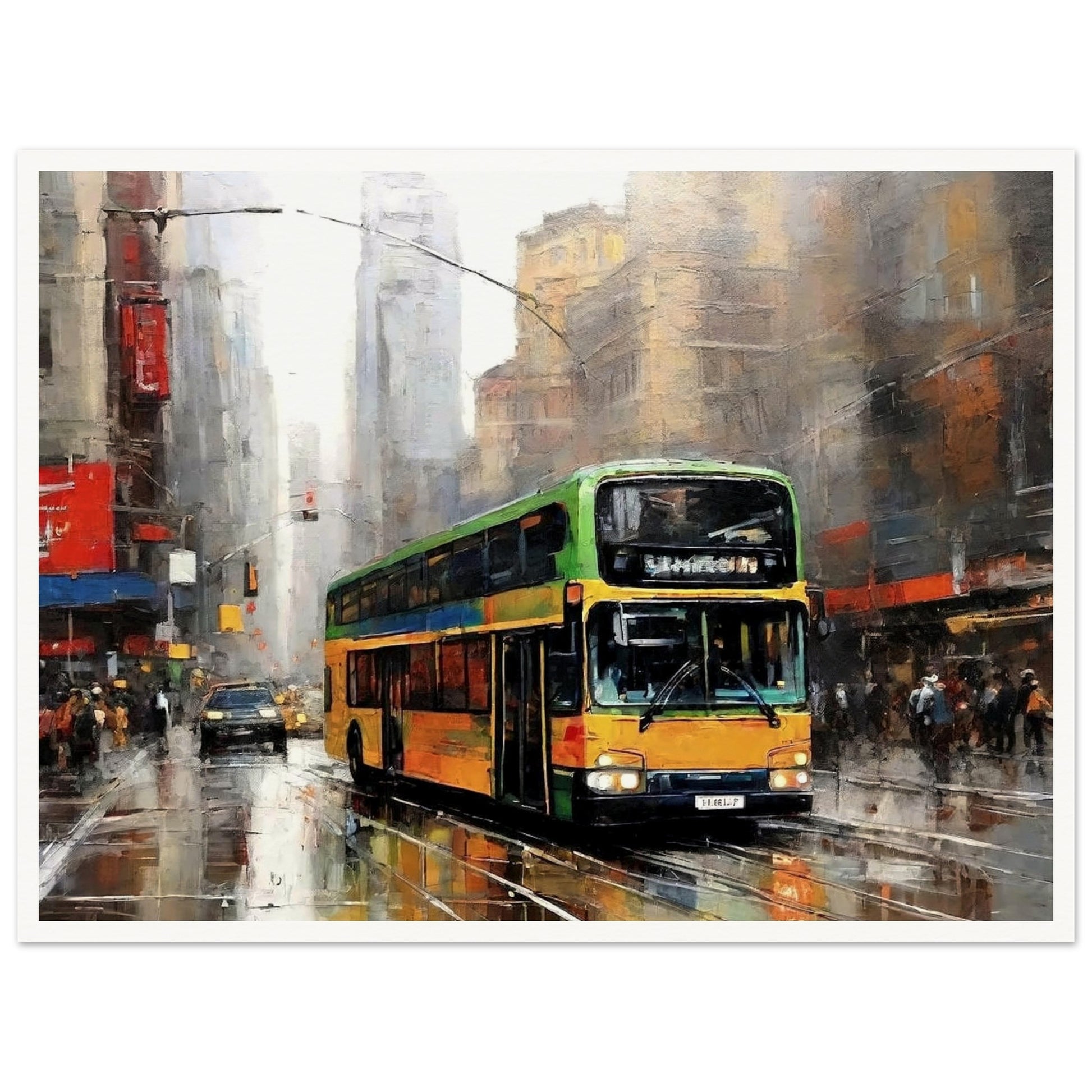 "A vibrant painting of a double-decker bus driving through a busy, rain-soaked city street, with tall buildings and reflections creating an atmospheric urban scene."