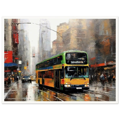 "A vibrant painting of a double-decker bus driving through a busy, rain-soaked city street, with tall buildings and reflections creating an atmospheric urban scene."