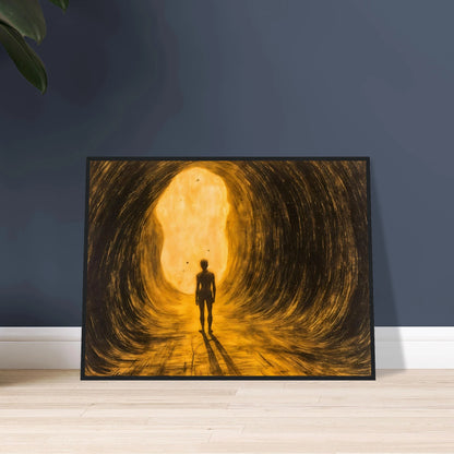 A lone silhouette walks through a glowing golden tunnel, surrounded by sweeping dark textures and radiant light ahead.