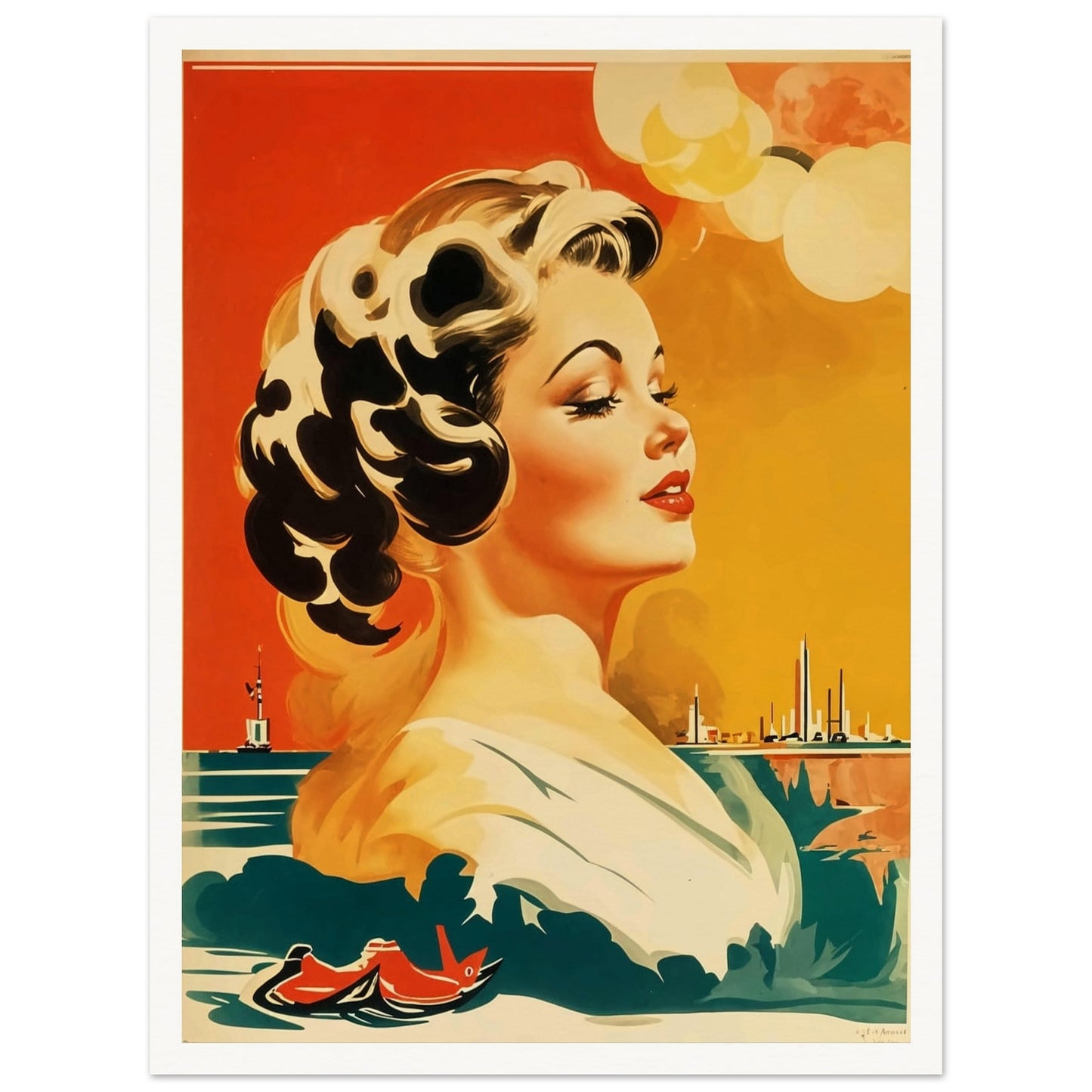 A vintage-style painting featuring a glamorous woman with a cityscape and boats in the background, set against a vibrant sky.