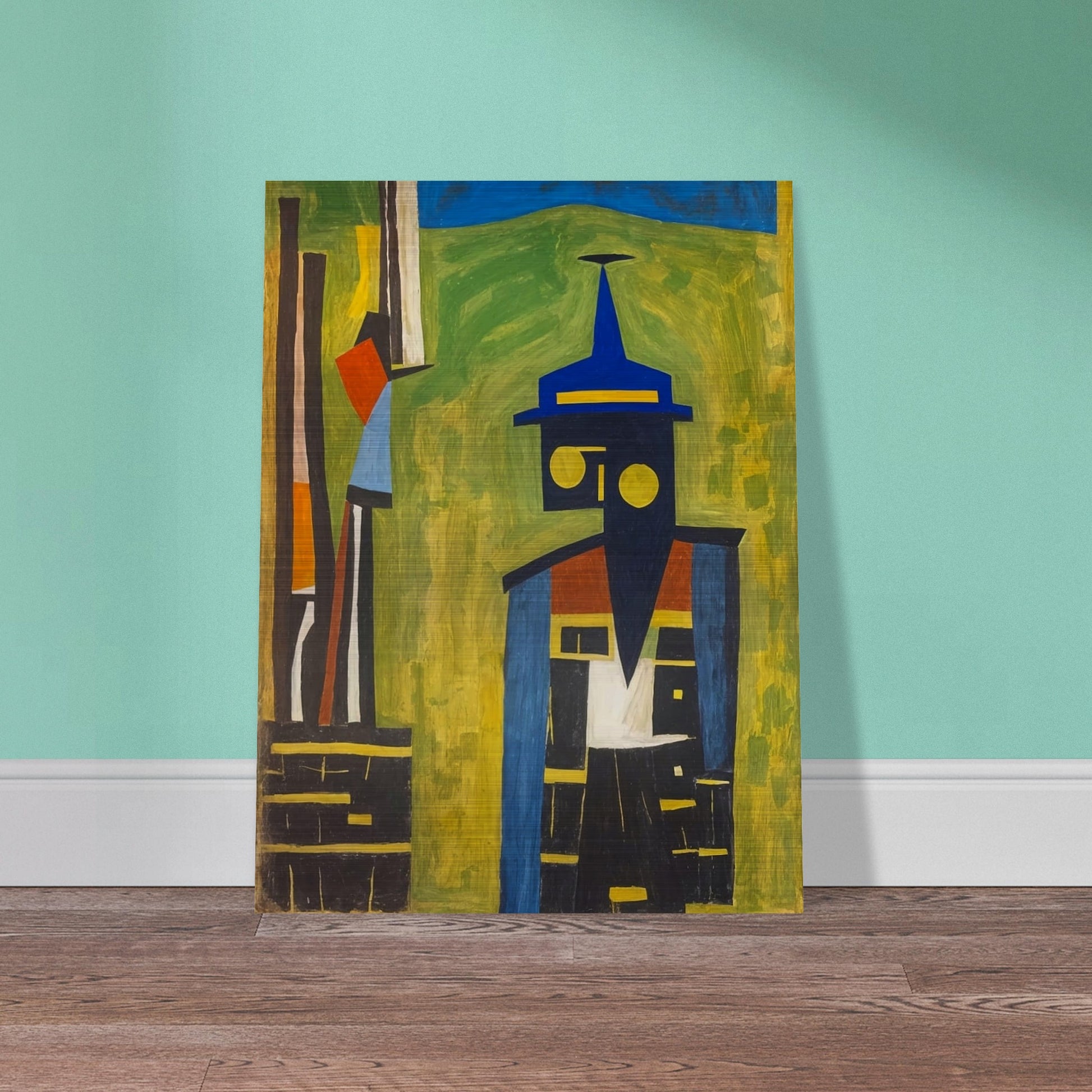 "An abstract painting featuring a geometric figure with a blue hat, composed of bold shapes and colors, set against a green and yellow background."