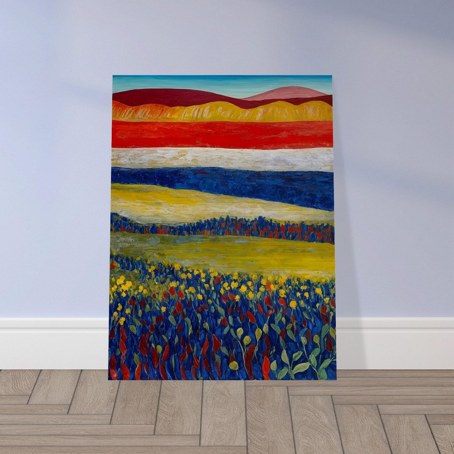 A colorful landscape painting featuring a vibrant field of flowers with rolling hills in the background.