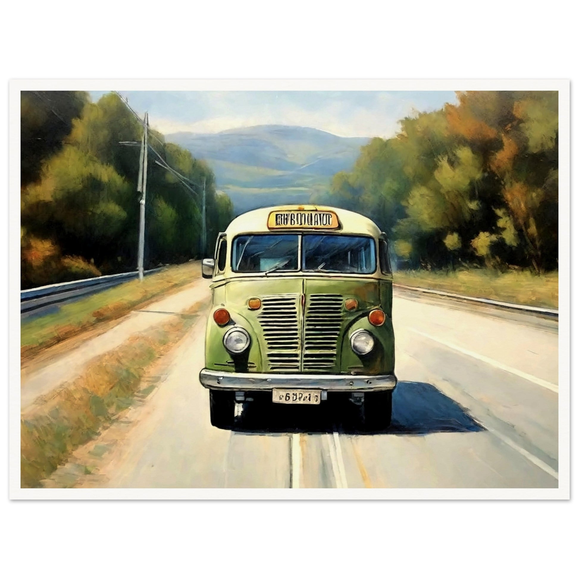 "A nostalgic painting of a vintage green bus traveling on a peaceful countryside road, surrounded by trees and distant hills."