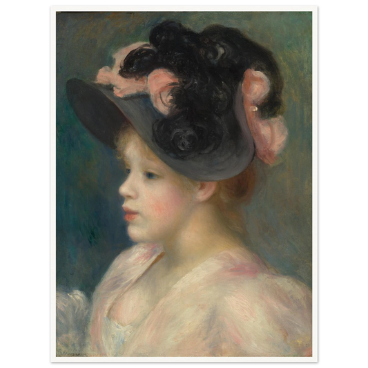 A young girl in profile wears a black hat adorned with soft pink ribbons against a muted green background.