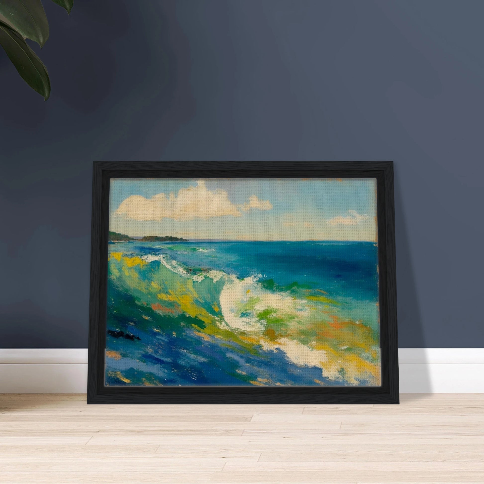 A rolling turquoise wave curls beneath soft clouds, with sunlight dancing across vibrant coastal waters.