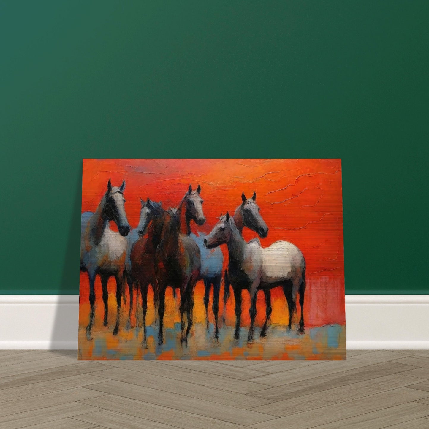 A stunning painting of a group of horses standing together against a vibrant red-orange background, showcasing their grace and strength.