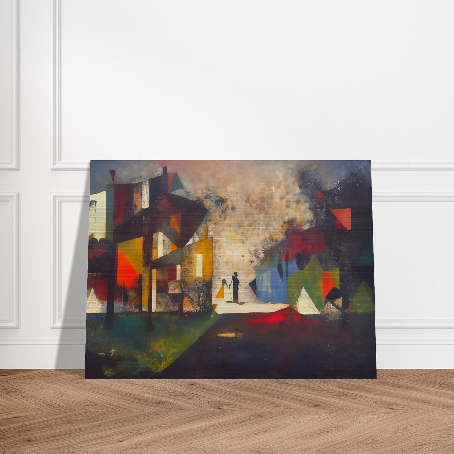 Abstract painting with silhouettes of two figures in a fragmented geometric cityscape, featuring vibrant hues of red, blue, and yellow.