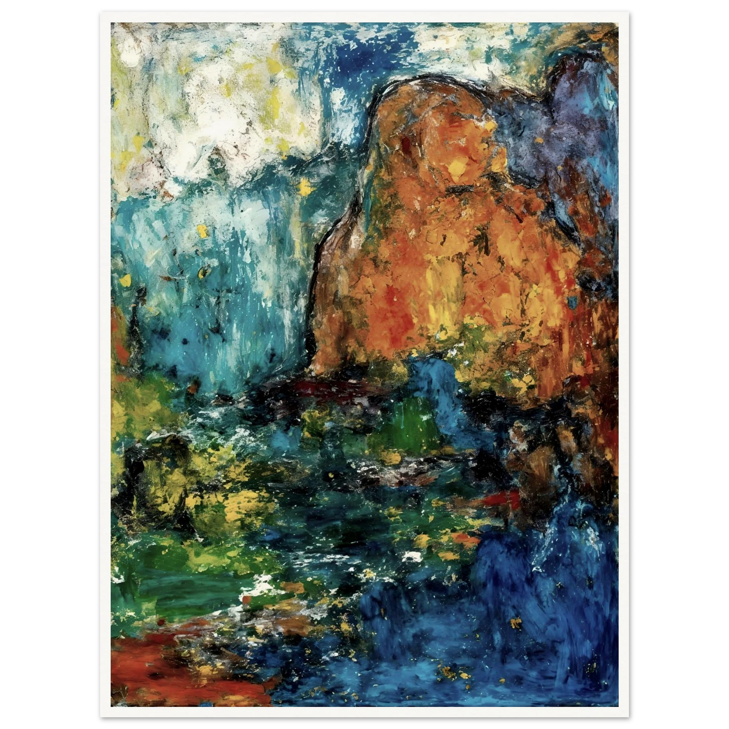 Blue falls and green pools flow between ochre cliffs and dark rocks in a textured landscape.