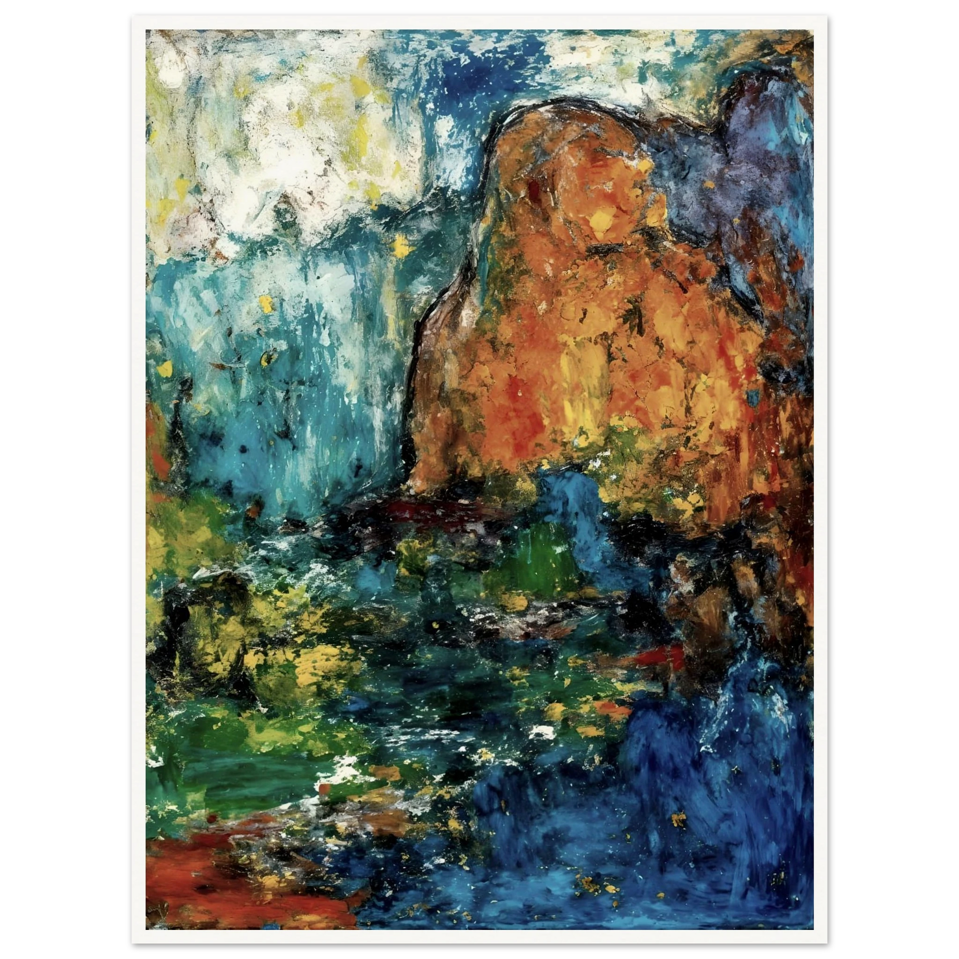 Blue falls and green pools flow between ochre cliffs and dark rocks in a textured landscape.