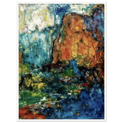 Blue falls and green pools flow between ochre cliffs and dark rocks in a textured landscape.