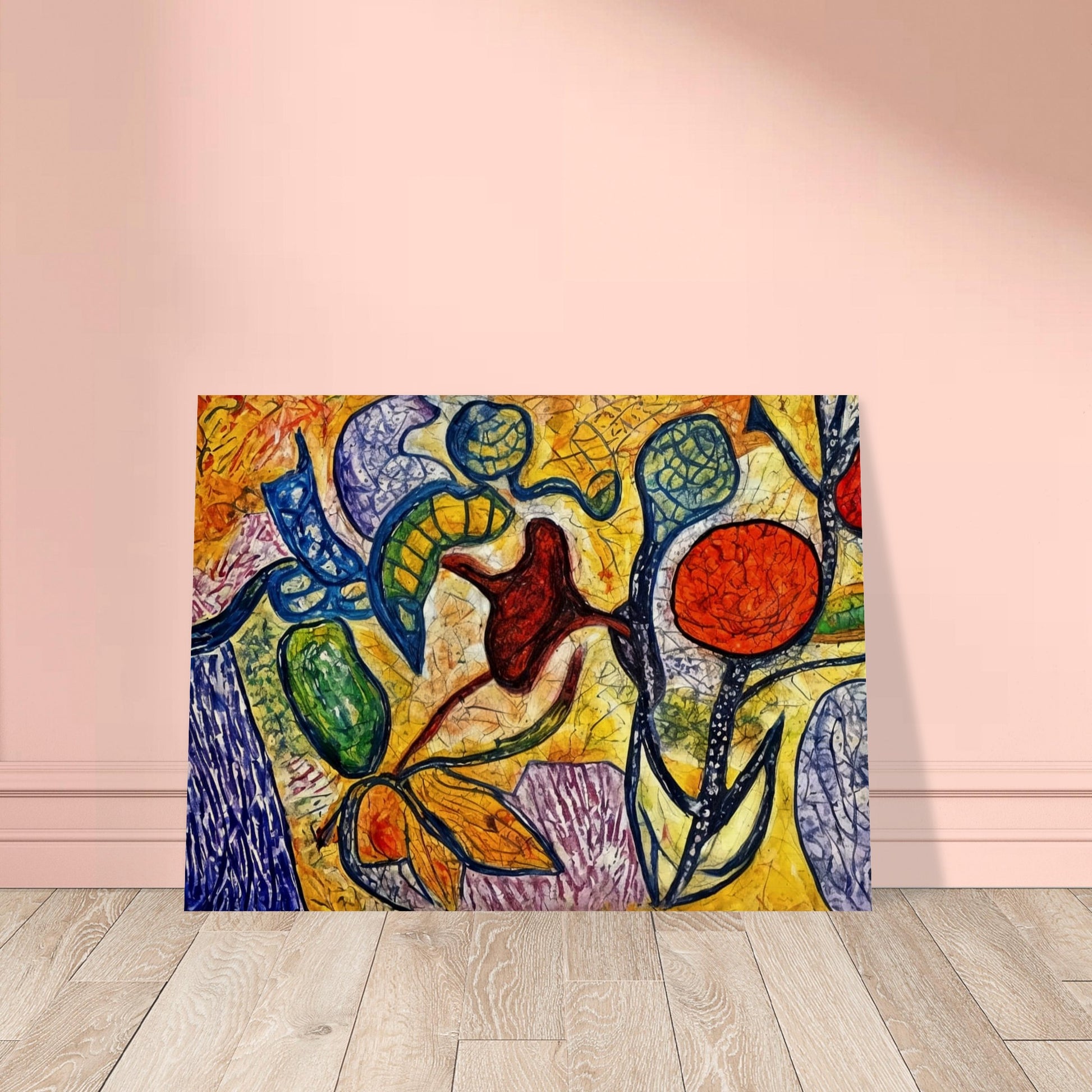 A colorful abstract painting featuring bold outlines of plants, fruits, and leaves in vibrant reds, yellows, blues, and greens