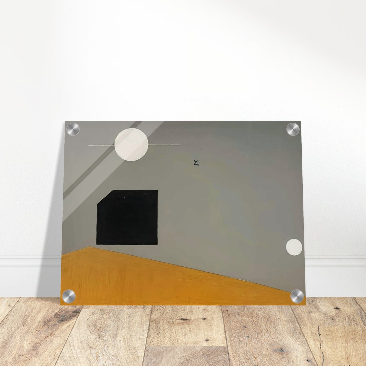 Abstract minimalist painting with geometric shapes against a gradient background, featuring a black square and two white circles.