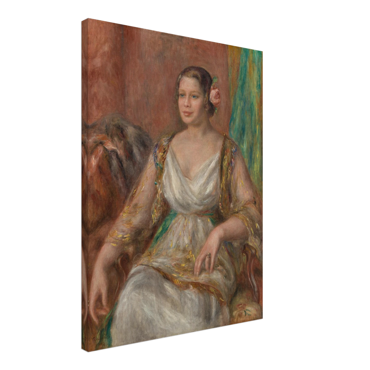 A seated woman in a soft white dress with a pink rose in her hair rests against a warm interior.