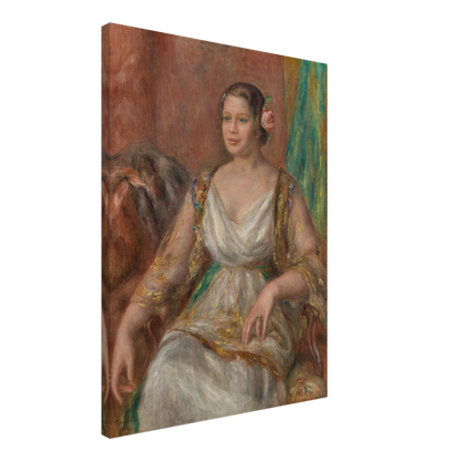 A seated woman in a soft white dress with a pink rose in her hair rests against a warm interior.
