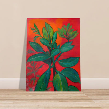 A bold botanical painting featuring lush green leaves set against a fiery red-orange background, creating a striking contrast of nature and warmth.