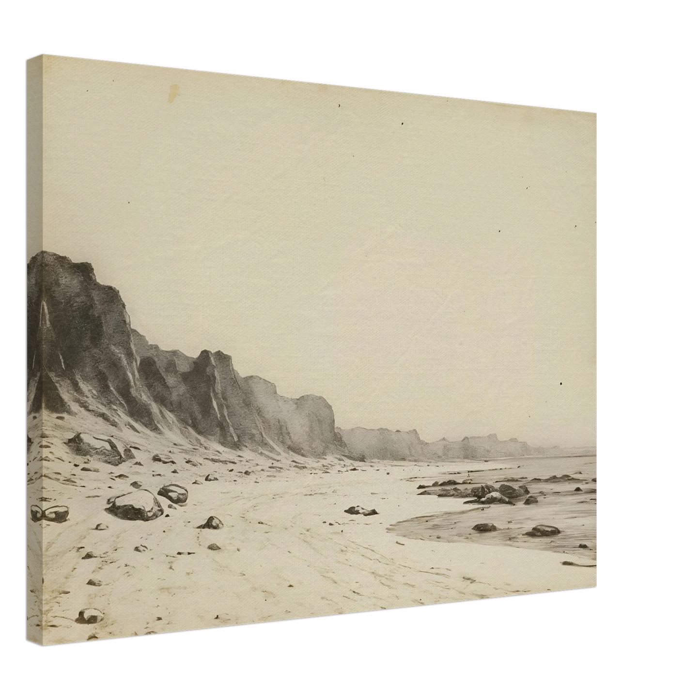 Minimal coastal landscape with pale sandy shore, rugged cliffs, scattered stones, and calm sea rendered in soft monochrome tones.