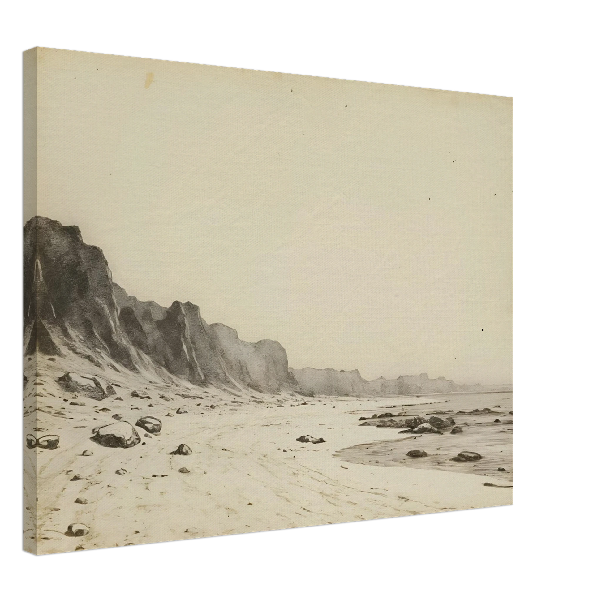 Minimal coastal landscape with pale sandy shore, rugged cliffs, scattered stones, and calm sea rendered in soft monochrome tones.