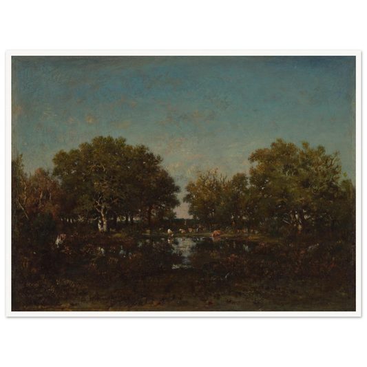 Cattle gather beside a reflective woodland pool beneath dense trees and a wide blue sky.