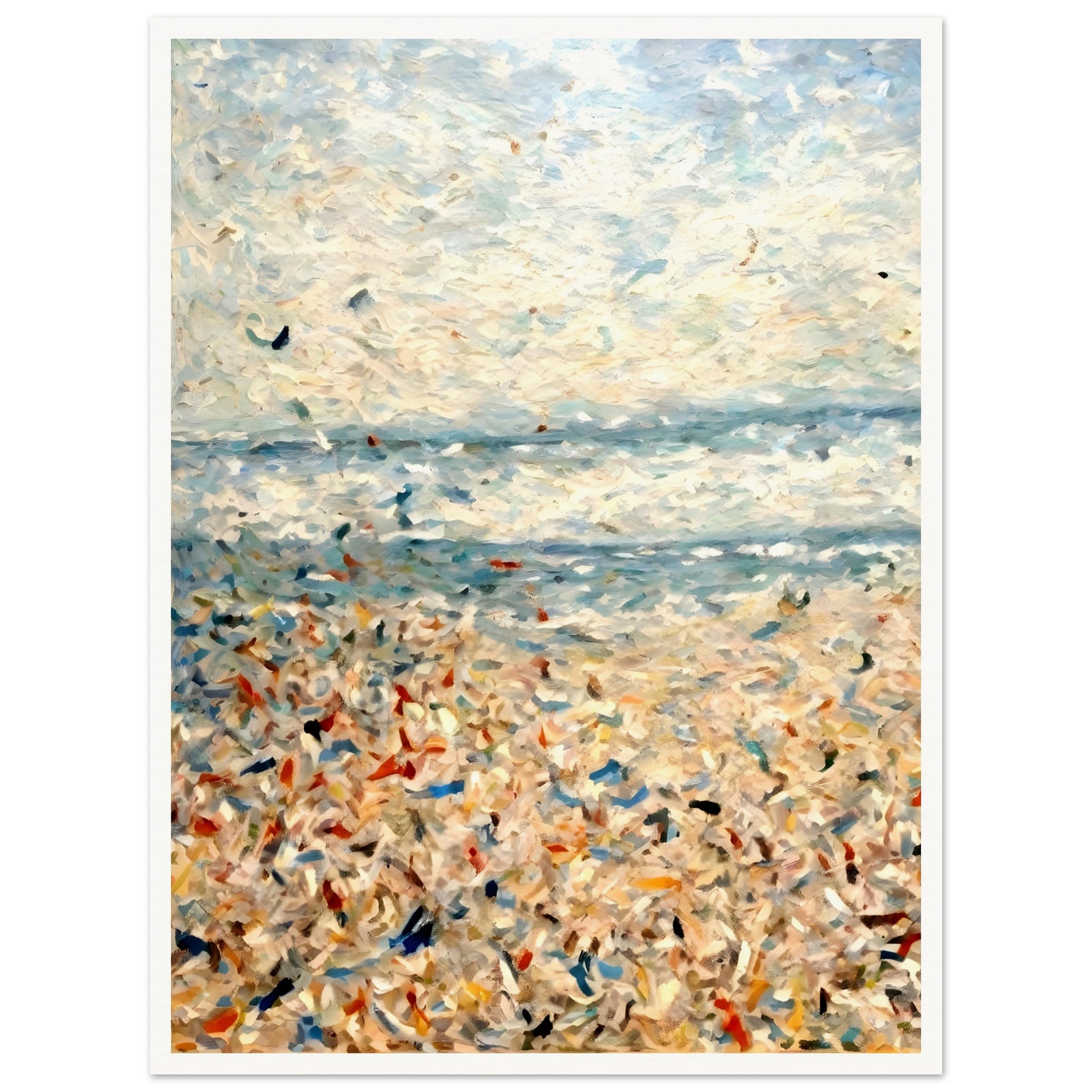 An impressionistic seascape with soft blues, whites, and sandy tones, depicting a sunlit beach with shimmering water and scattered colors.