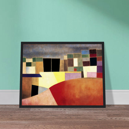 A colorful grid of geometric shapes resembling city buildings under a muted sky, glowing with warm red and yellow tones.