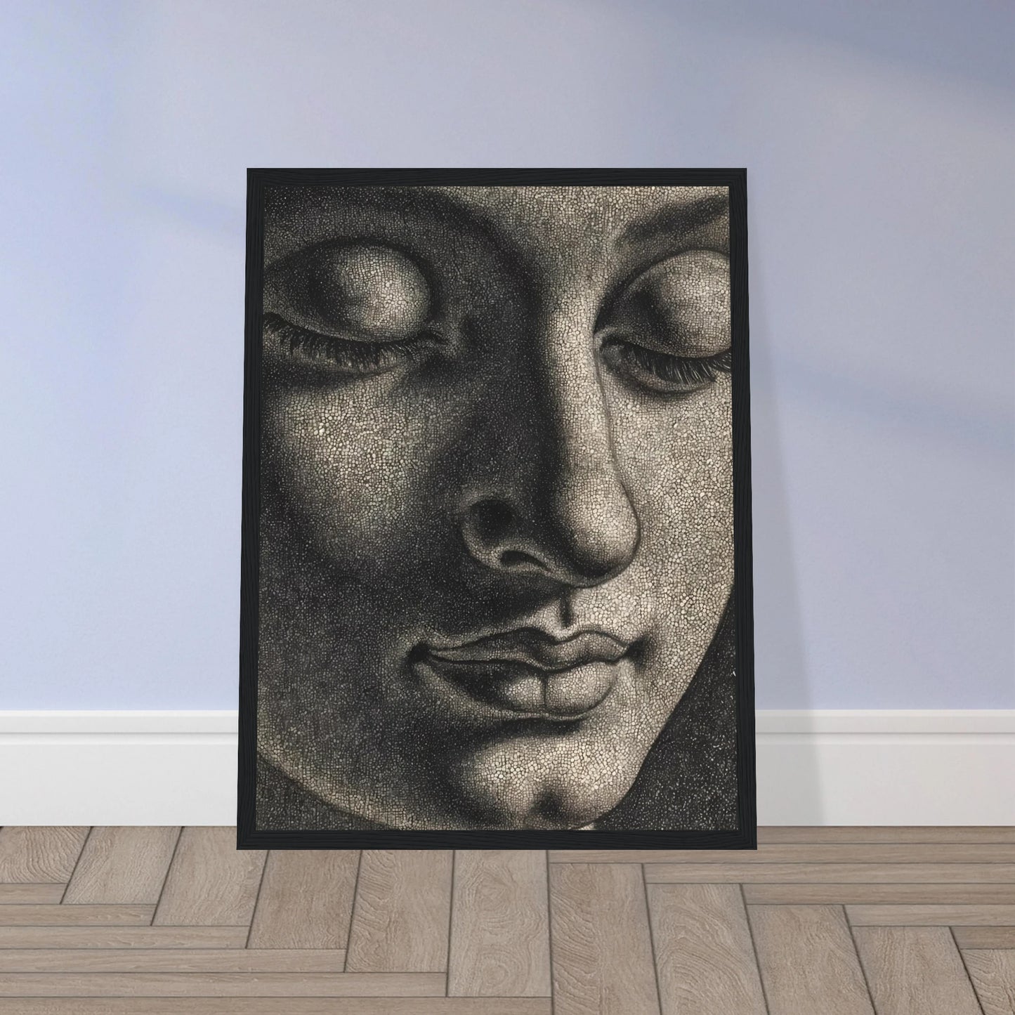 A contemplative monochrome portrait with lowered eyes and soft shadows evokes serenity, introspection, and timeless spiritual calm.