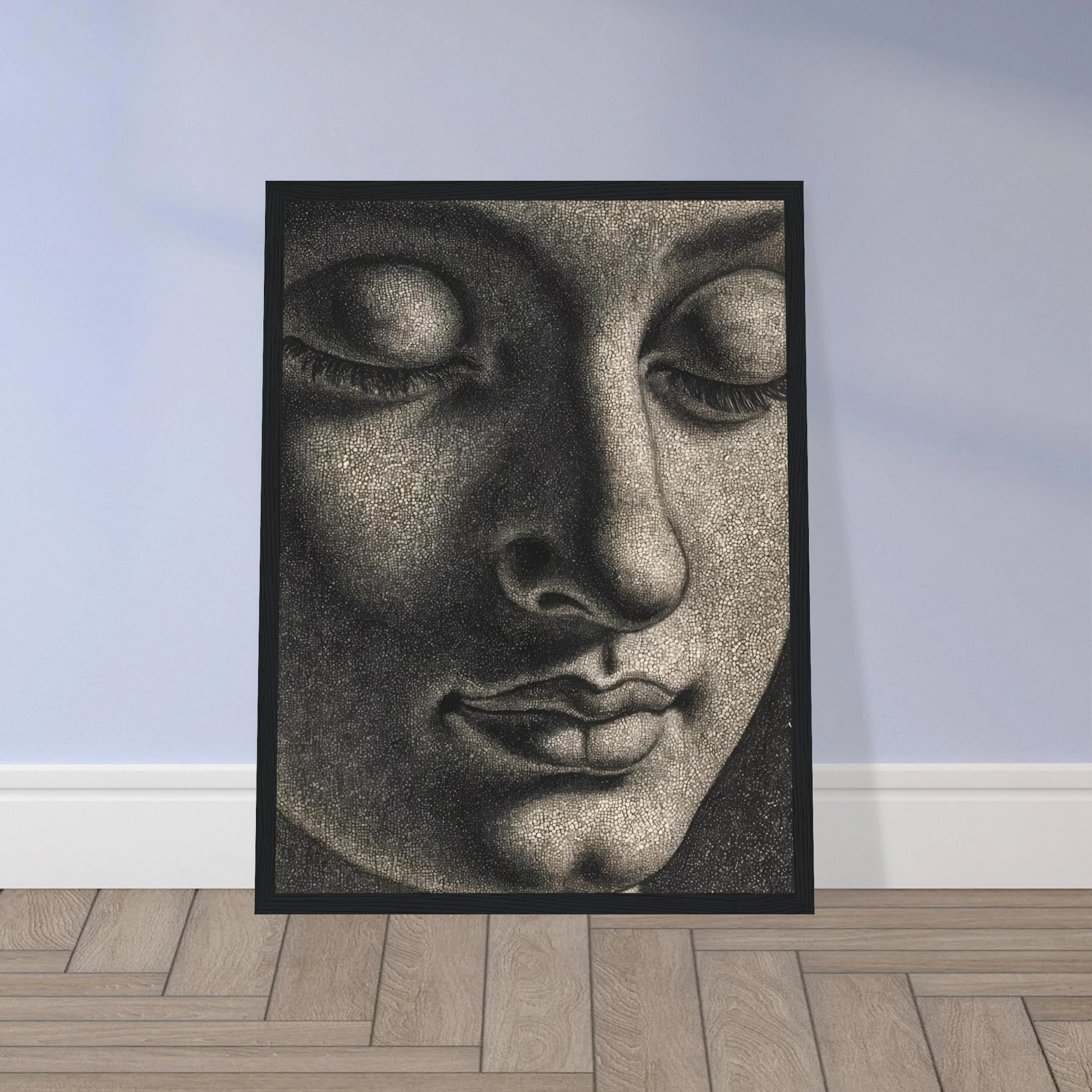 A contemplative monochrome portrait with lowered eyes and soft shadows evokes serenity, introspection, and timeless spiritual calm.