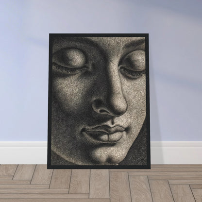 A contemplative monochrome portrait with lowered eyes and soft shadows evokes serenity, introspection, and timeless spiritual calm.