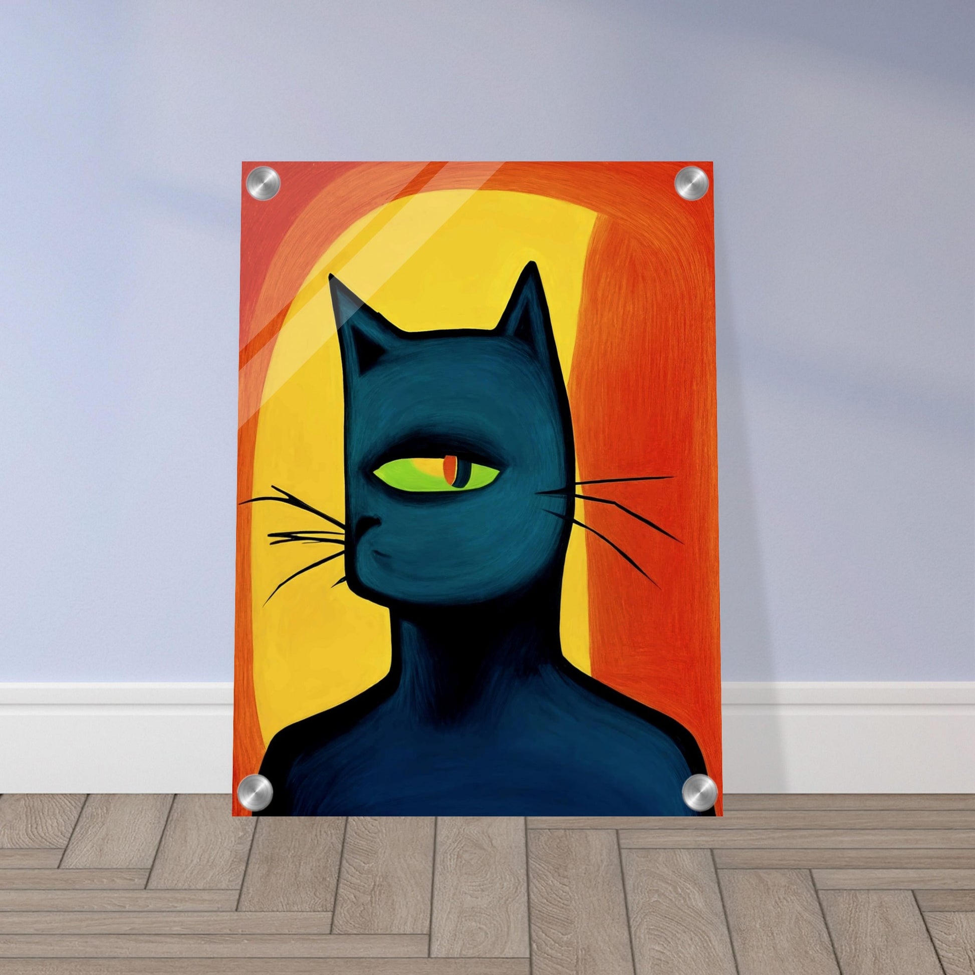 A bold, artistic depiction of a black cat with a single green eye, set against a vibrant orange and yellow abstract background.