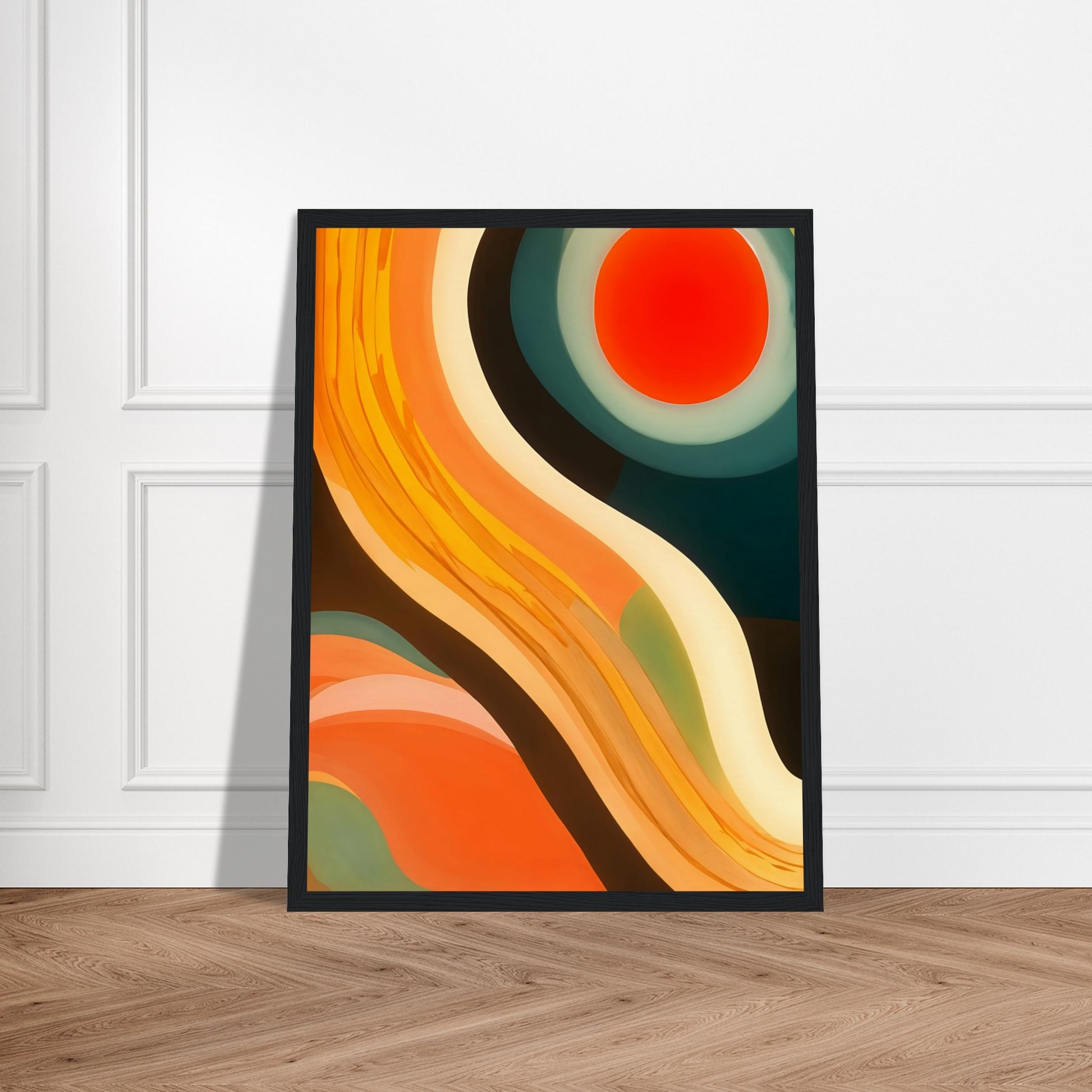 An abstract artwork featuring bold, flowing curves in shades of orange, yellow, and teal, with a vibrant red circular sun at the top.