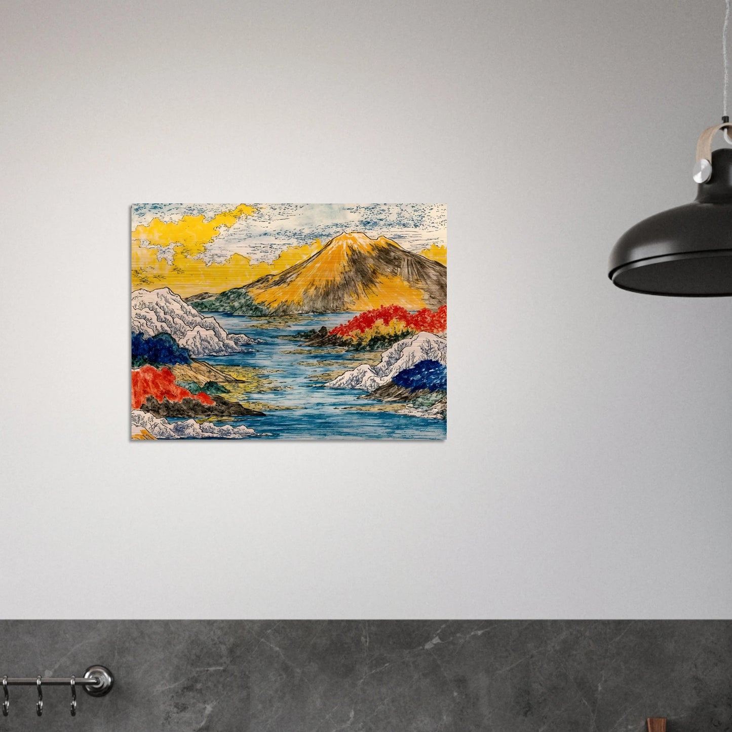 Golden mountain rises over blue water, snowy hills, red trees, and bright yellow clouds.
