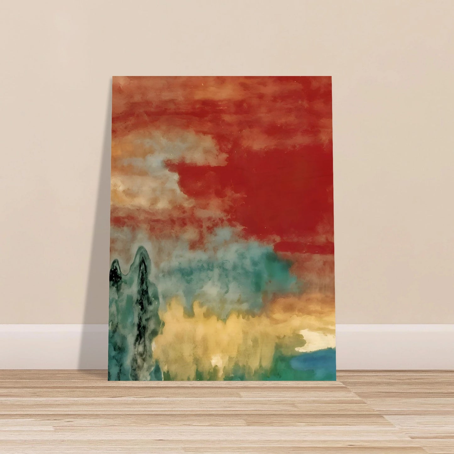 Soft washes of crimson, teal, and ivory drift across a dreamlike landscape with misty forms and distant reflections.