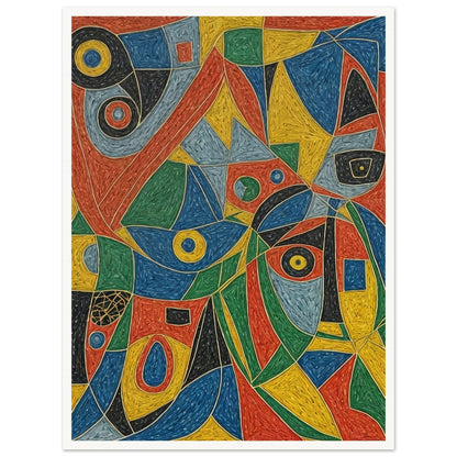 An abstract painting featuring a vibrant array of geometric shapes and colors, resembling a kaleidoscope.