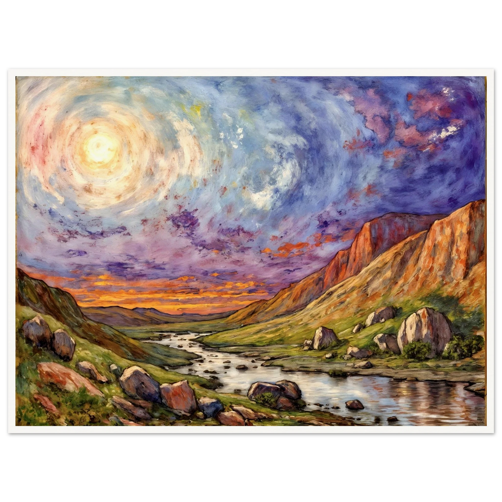 Luminous swirling sky above a rugged canyon valley with winding river, glowing cliffs, and vibrant twilight tones in a dramatic landscape.