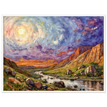 Luminous swirling sky above a rugged canyon valley with winding river, glowing cliffs, and vibrant twilight tones in a dramatic landscape.