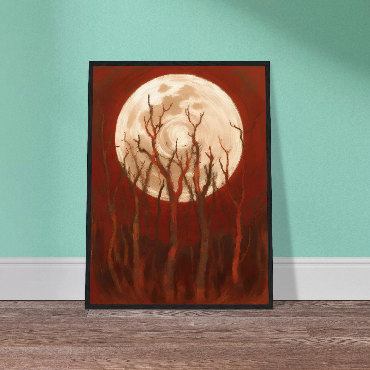 A glowing full moon rises behind twisted, leafless trees against a deep crimson sky, casting an eerie yet powerful atmosphere.