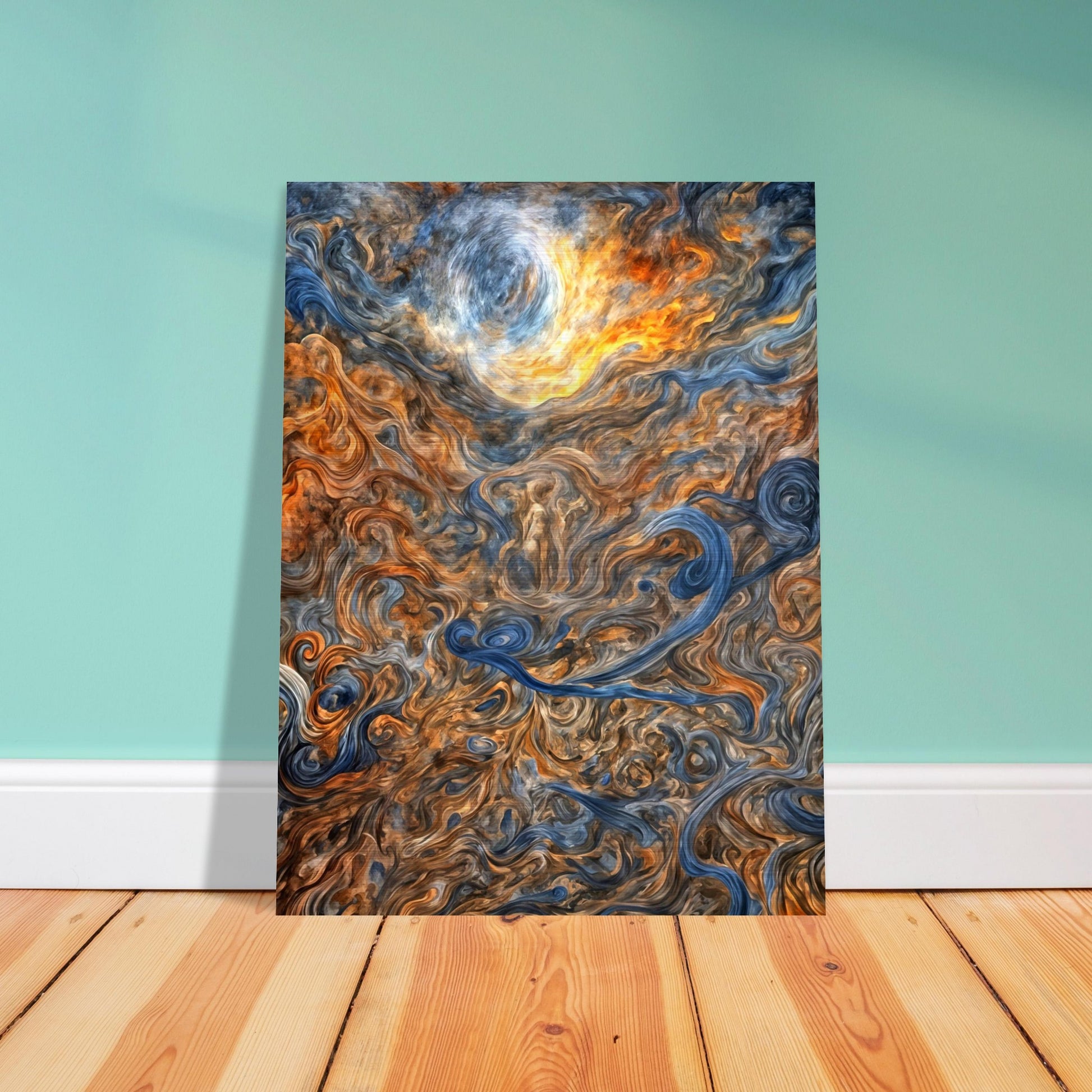 A mesmerizing depiction of swirling cosmic patterns with fiery orange, cool blue, and earthy brown tones, evoking celestial energy.