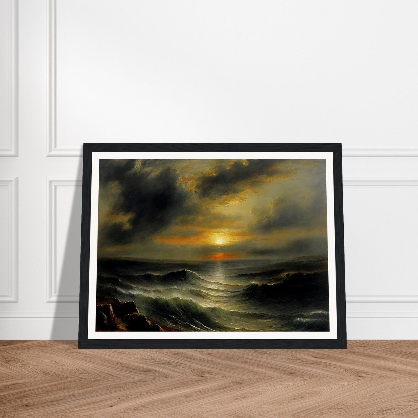 A dramatic seascape painting capturing the power and beauty of the ocean at sunset. The scene features turbulent waves under a cloudy sky, with the sun breaking through the horizon, casting an orange and yellow glow over the water.