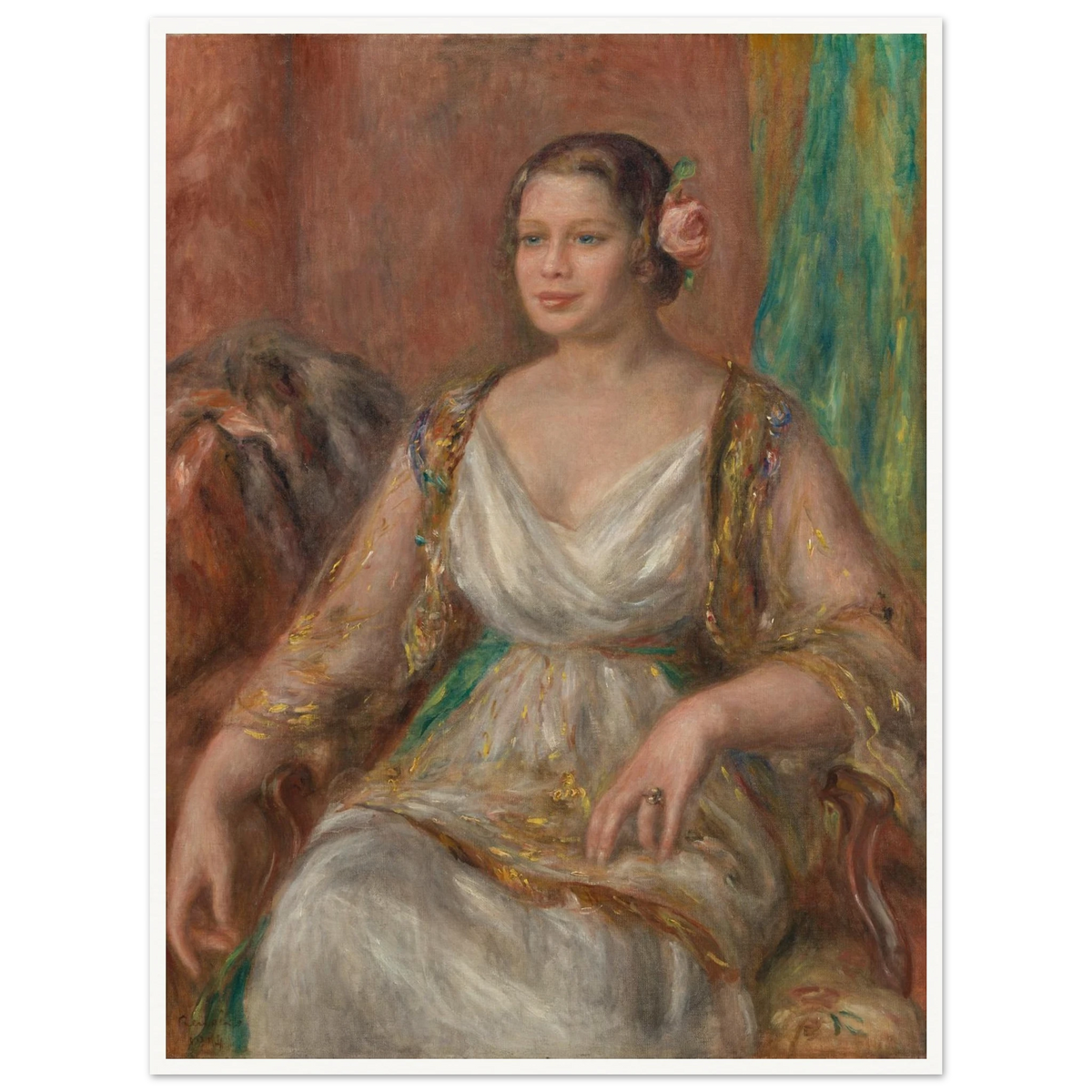A seated woman in a soft white dress with a pink rose in her hair rests against a warm interior.
