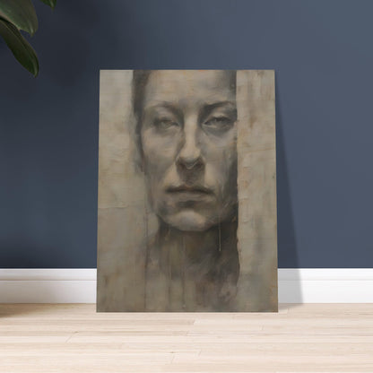 A haunting monochromatic portrait of a solemn face emerging from a textured, weathered surface, evoking a sense of mystery and introspection.