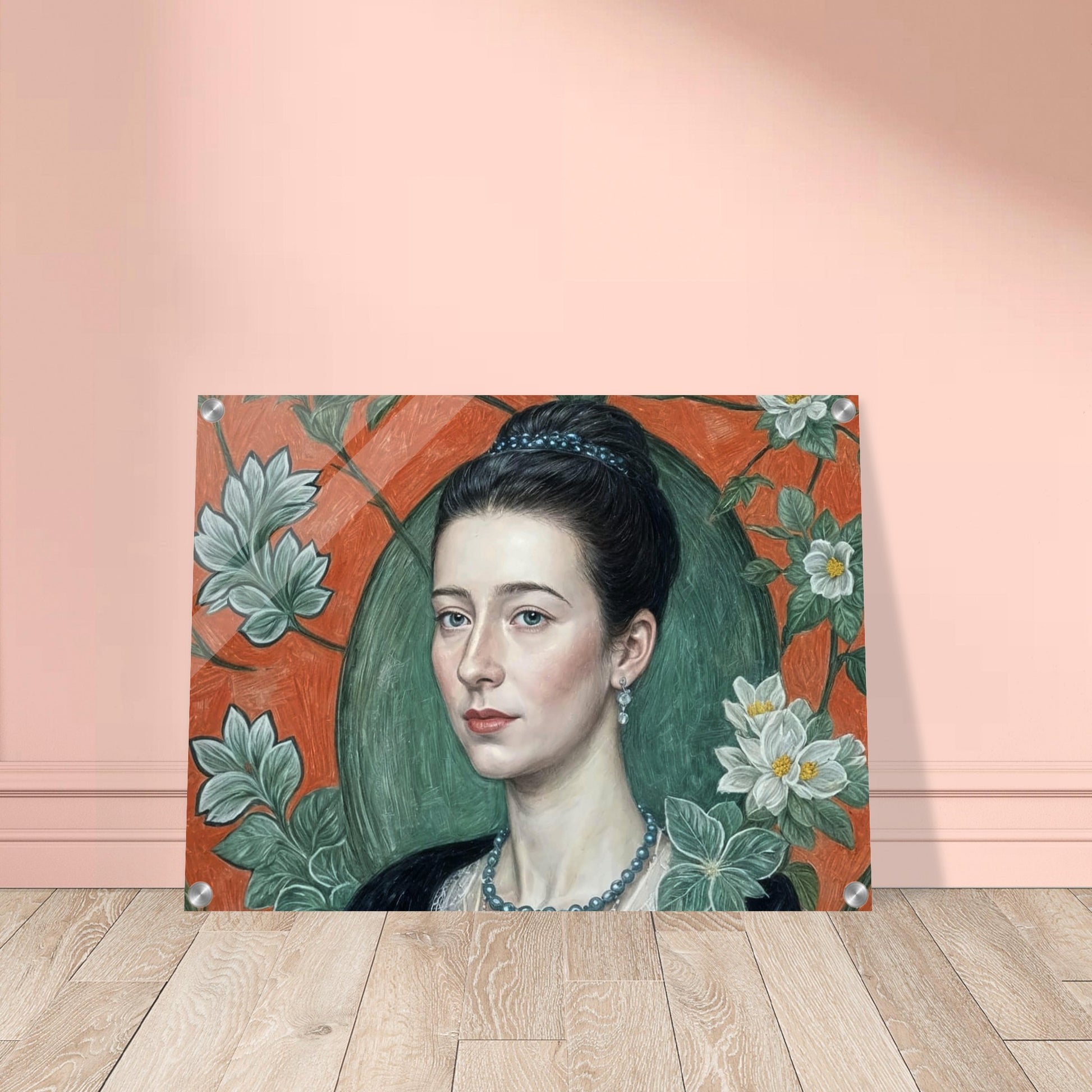 Realistic portrait of a woman with a calm expression, surrounded by intricate floral patterns in soft green and orange tones