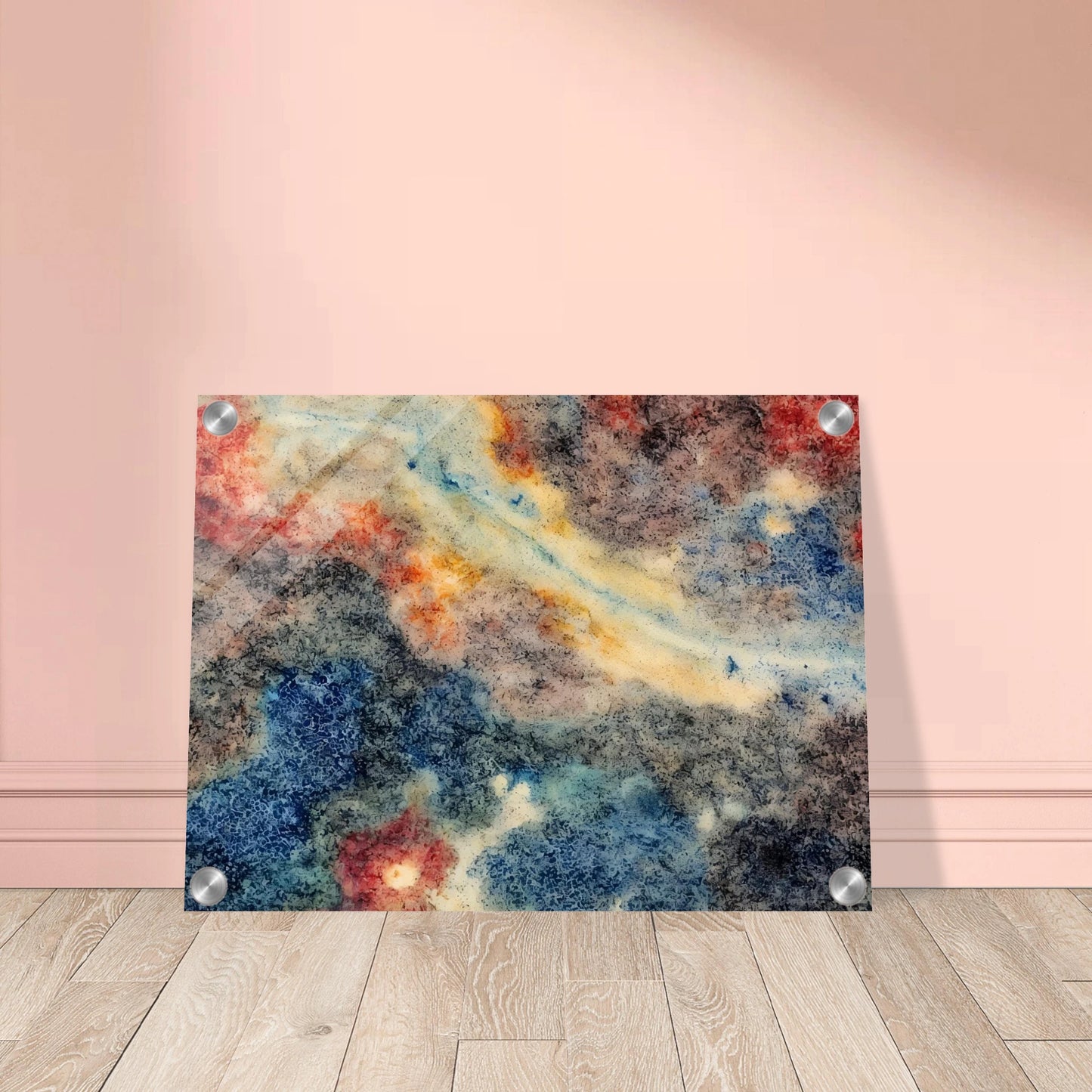 An abstract composition of swirling blue, gray, cream, and crimson textures resembling a distant nebula or galaxy, with organic patterns and flowing celestial forms.