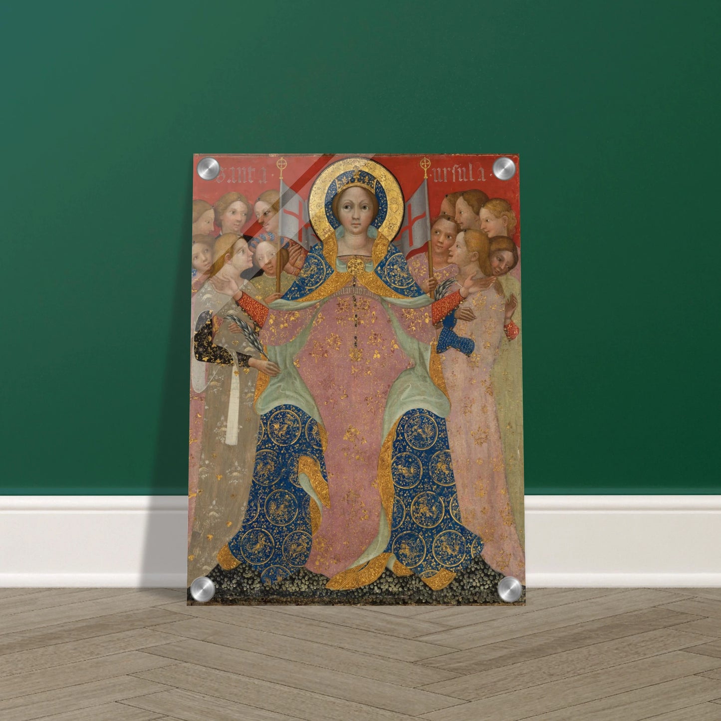 Saint Ursula stands with her maidens in ornate gold and blue robes against a red background