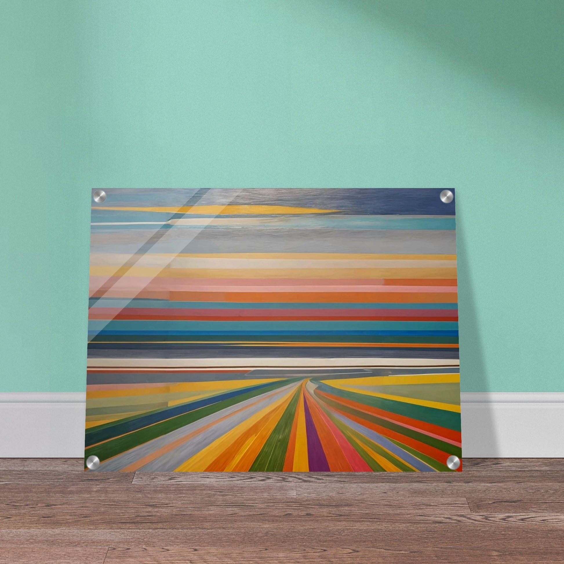 Abstract painting featuring horizontal bands of various colors, resembling a vibrant horizon and colorful road leading into the distance.