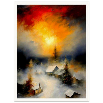 A serene winter village scene with snow-covered rooftops, glowing cabins, evergreen trees, and a dramatic golden and fiery sky.