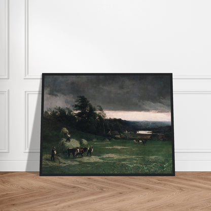 Workers gather hay in a green field under dark storm clouds