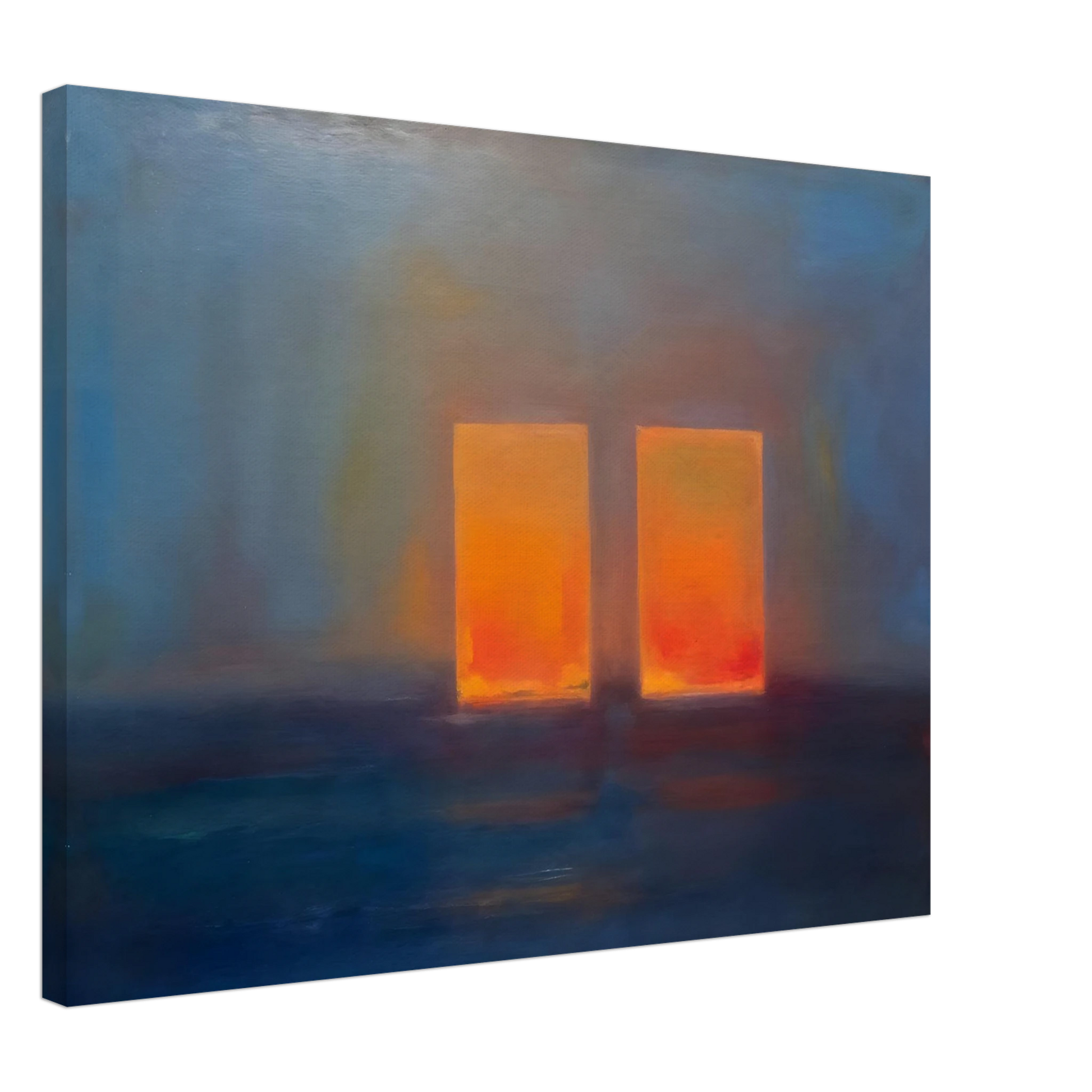 Moody blue interior with two glowing orange doorways, evoking quiet mystery, warmth, and minimalist atmospheric depth.