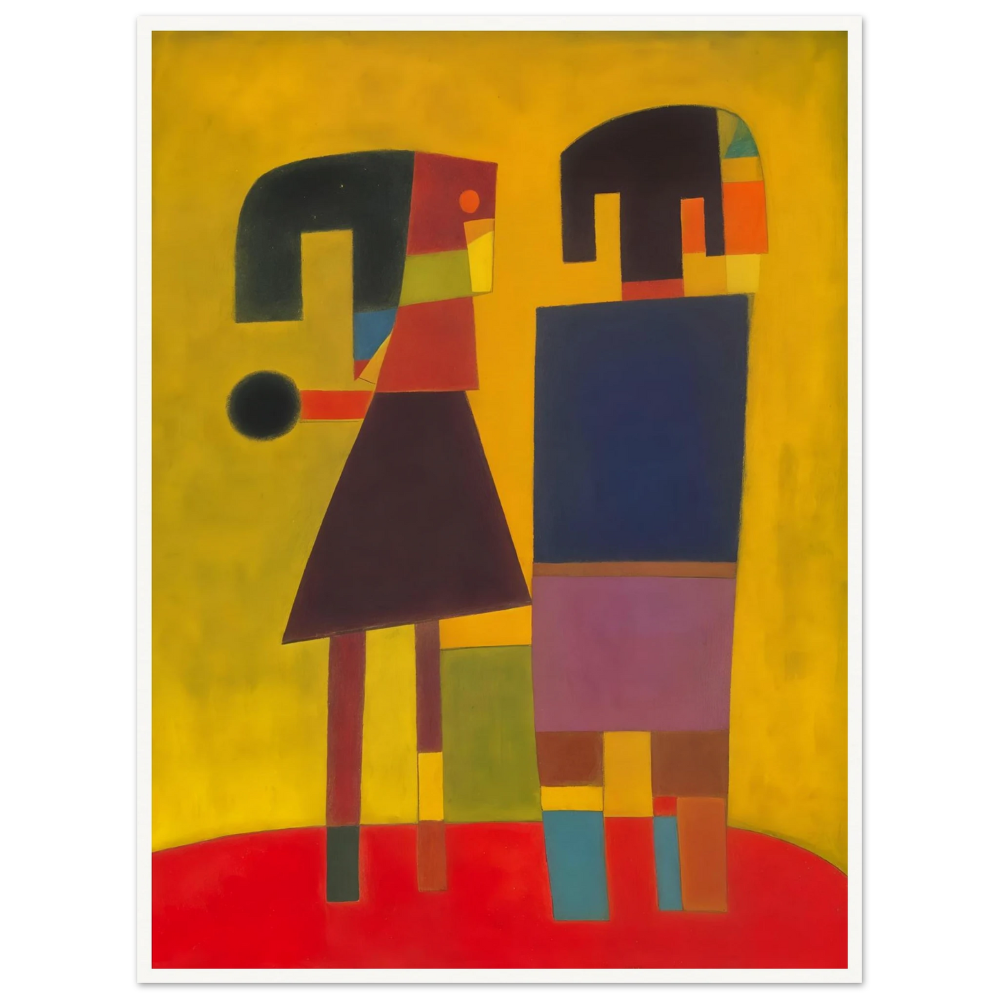 Two stylized figures in bold geometric shapes stand on a red floor against a golden background, evoking quiet connection.
